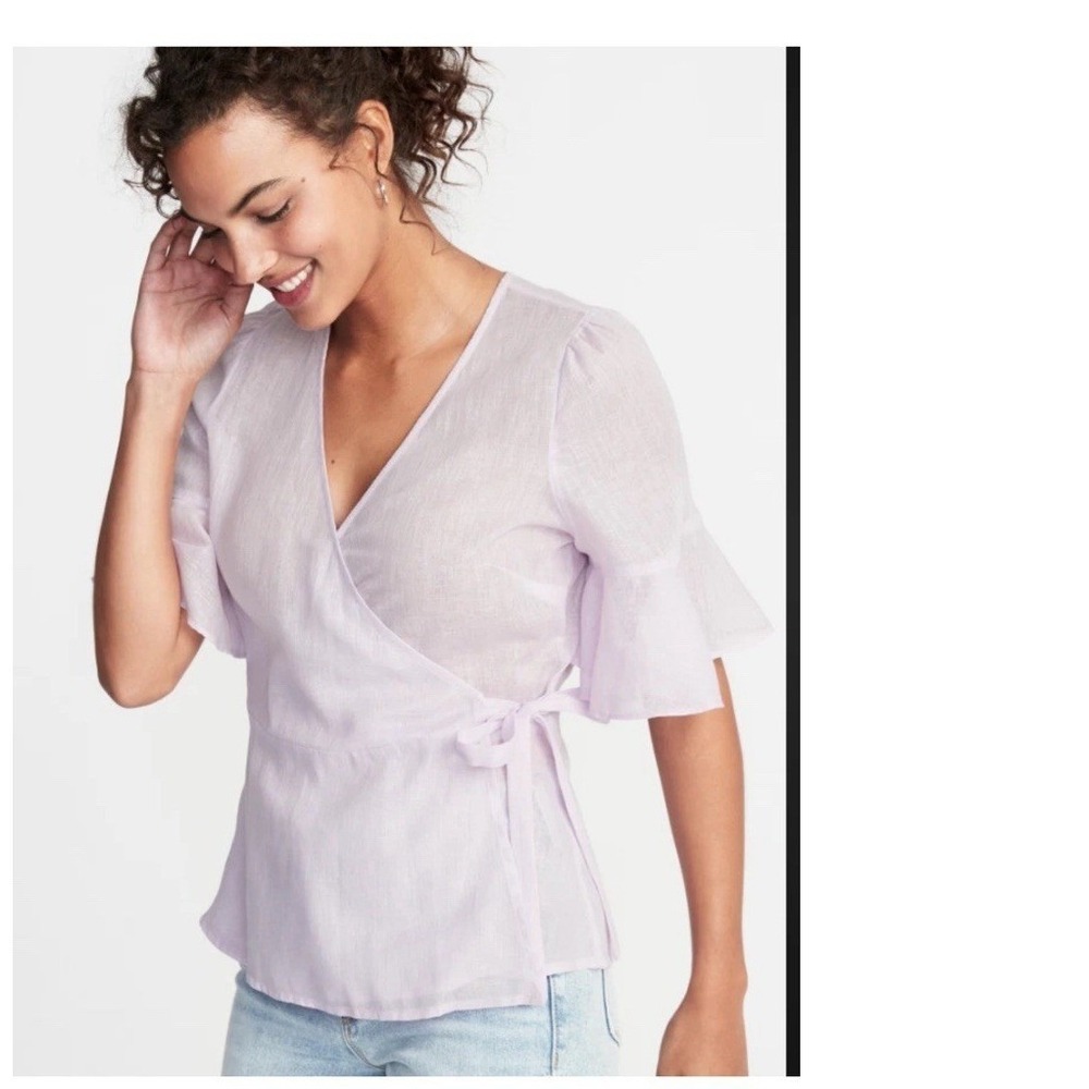 Old Navy Pastel Purple Linen Blend True Wrap Flutter Sleeve Blouse Top M